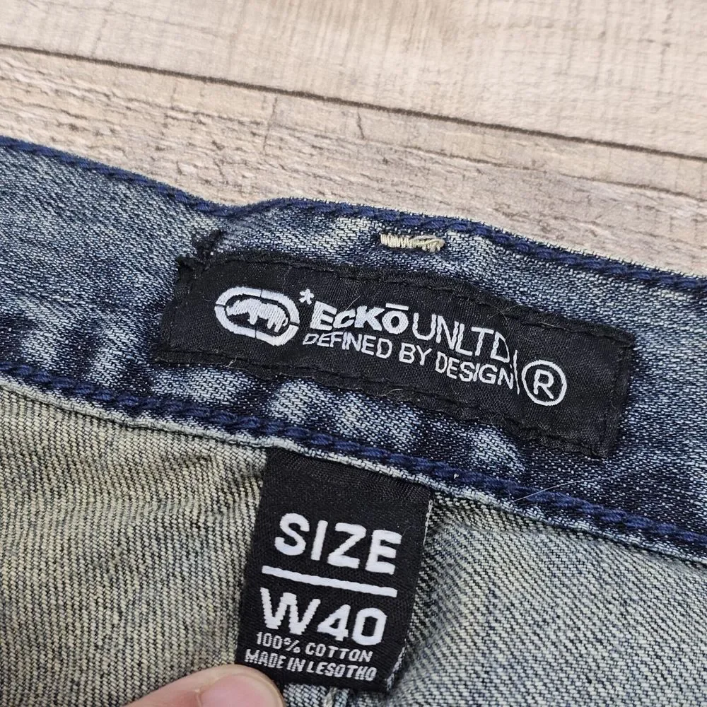 Ecko Unltd Embroidered Jean Shorts Size 40‎ Baggy Blue Jorts Wide Leg Skate Y2K